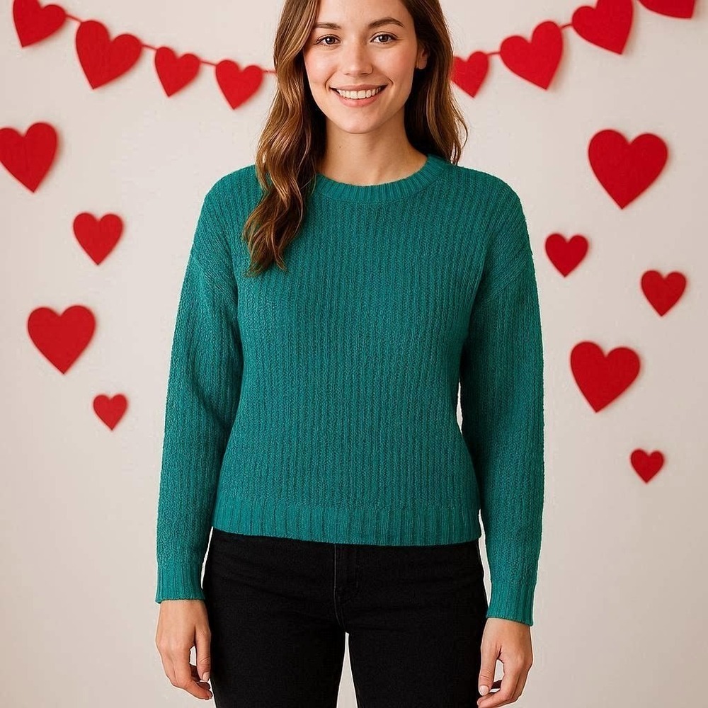 Vintage 70s 80s Women's Knit Minded Teal Green Crew Neck Sweater L Made In USA